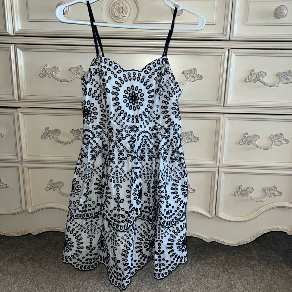 Express White and Black Eyelet Fit-and-Flare Dress